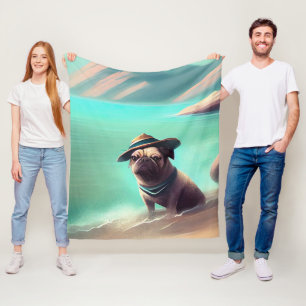 Pug enjoying on beach painting art fleece blanket