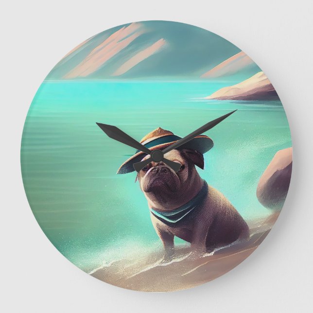 Pug enjoying on beach painting art  large clock (Front)
