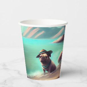 Pug enjoying on beach painting art paper cups