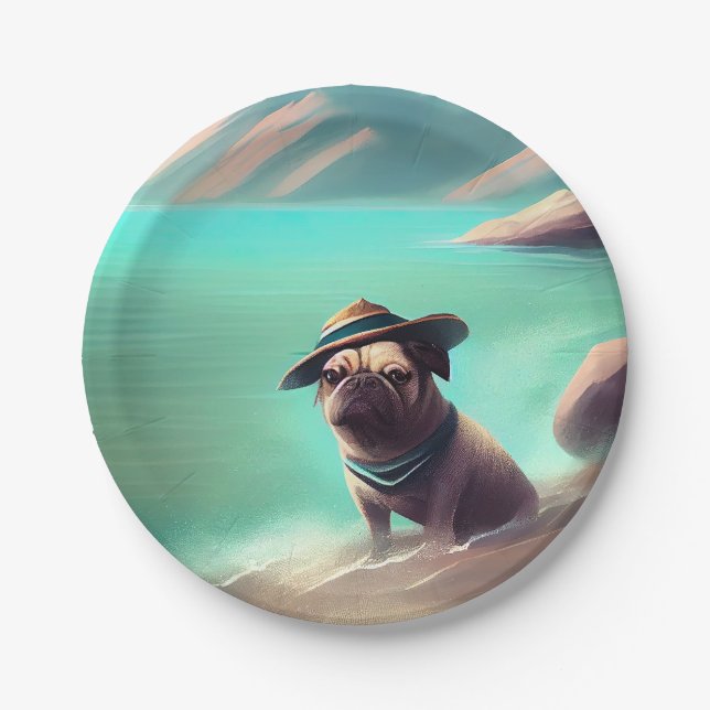 Pug enjoying on beach painting art paper plate (Front)