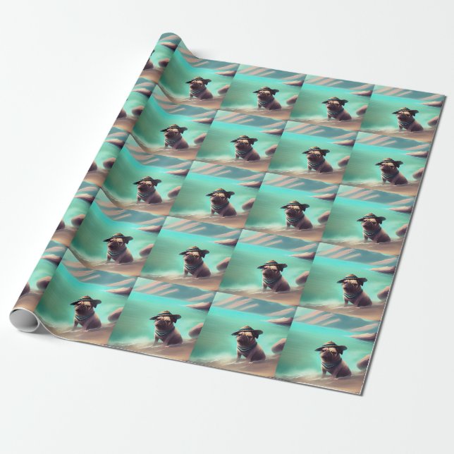 Pug enjoying on beach painting art wrapping paper (Unrolled)