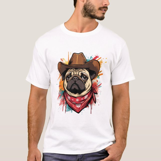 Pug face Cute Western cowboy hat & bandana T-Shirt (Front)