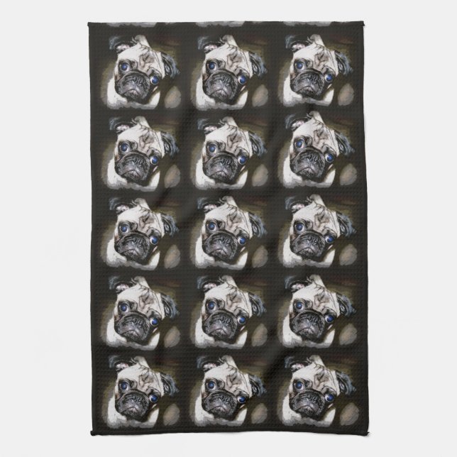 pug faces black tea towel (Vertical)