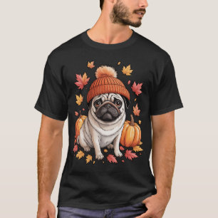 Pug Fall Scarf Autumn Leaves Dog Lovers Long T-Shirt