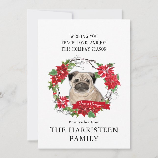 Pug fawn Watercolor Poinsettia Christmas Holiday Card (Front)