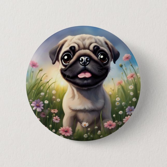 Pug Flowers 6 Cm Round Badge (Front)