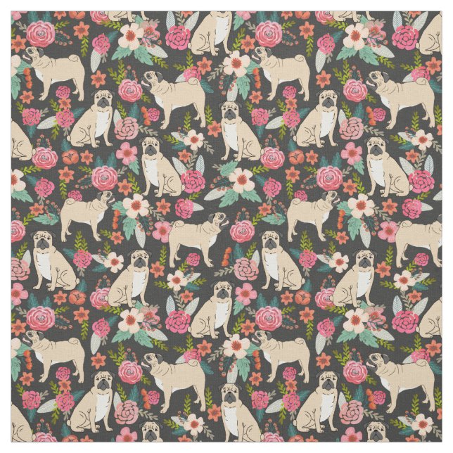 Pug Flowers florals design fabric (Swatch)