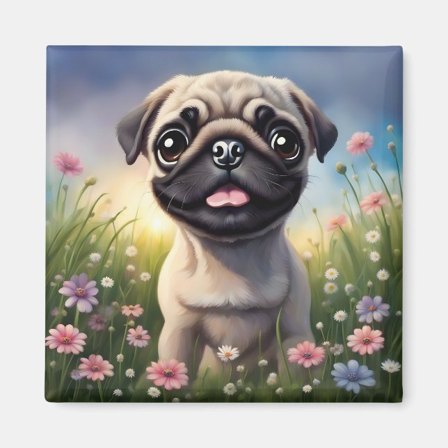 Pug Flowers Magnet (Front)