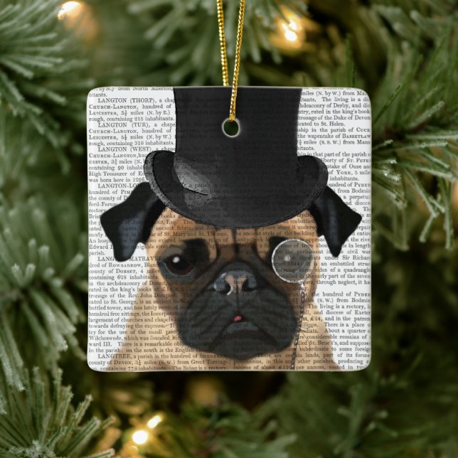 Pug, Formal Hound and Hat Ceramic Ornament (Tree)