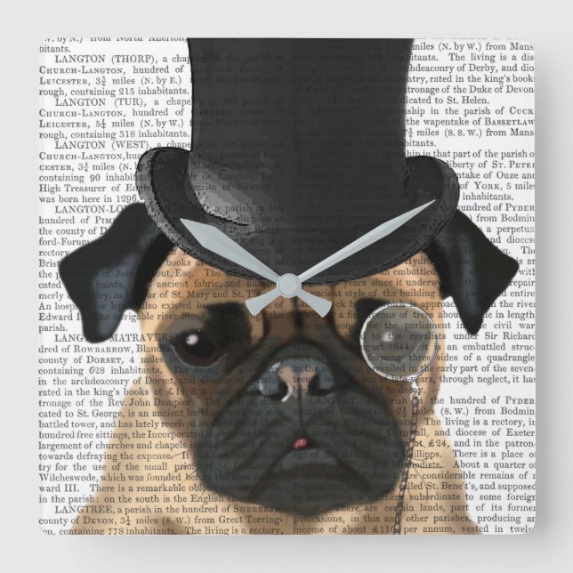 Pug, Formal Hound and Hat Square Wall Clock (Front)
