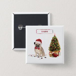 Pug Funny Christmas Dog with Tree 15 Cm Square Badge