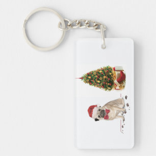 Pug Funny Christmas Dog with Tree Key Ring