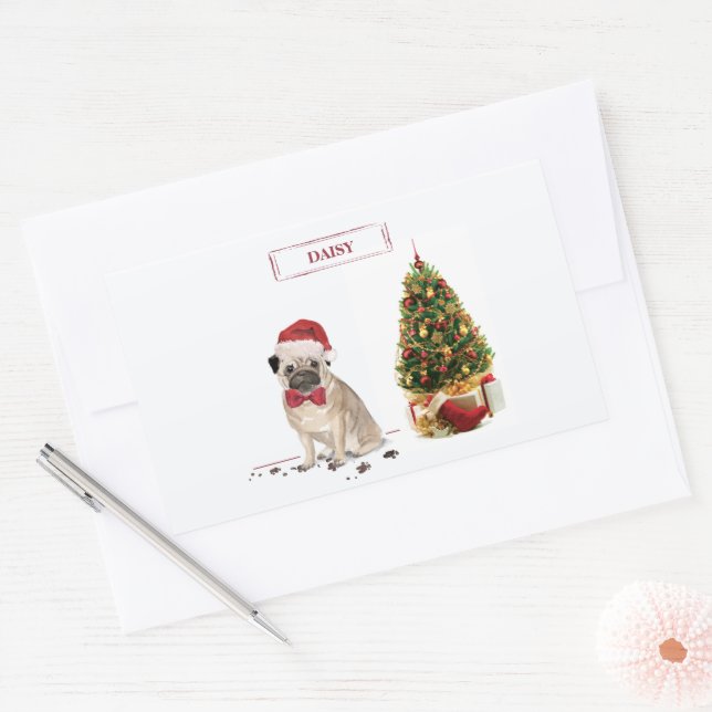 Pug Funny Christmas Dog with Tree Rectangular Sticker (Envelope)