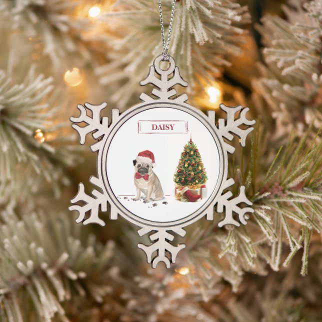Pug Funny Christmas Dog with Tree Snowflake Pewter Christmas Ornament (Tree)