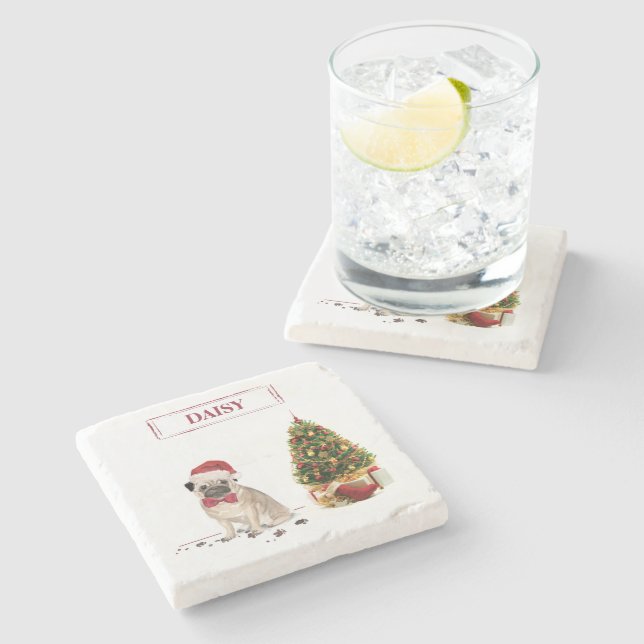 Pug Funny Christmas Dog with Tree Stone Coaster (Side)