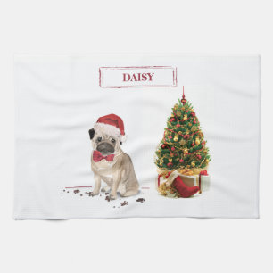 Pug Funny Christmas Dog with Tree Tea Towel