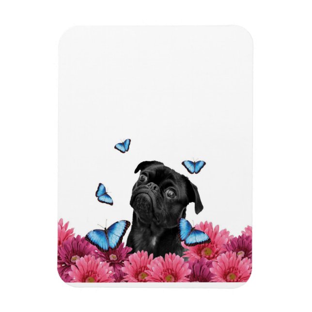 Pug Gerbera Butterflies | Cute Black Dog Magnet (Vertical)