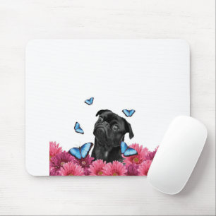 Pug Gerbera Butterflies Cute Black Dog Mouse Mat
