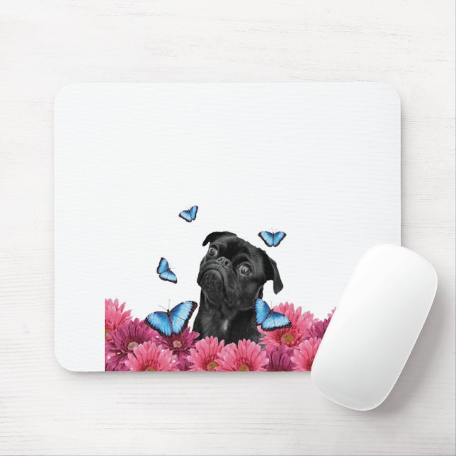 Pug Gerbera Butterflies | Cute Black Dog Mouse Mat (With Mouse)
