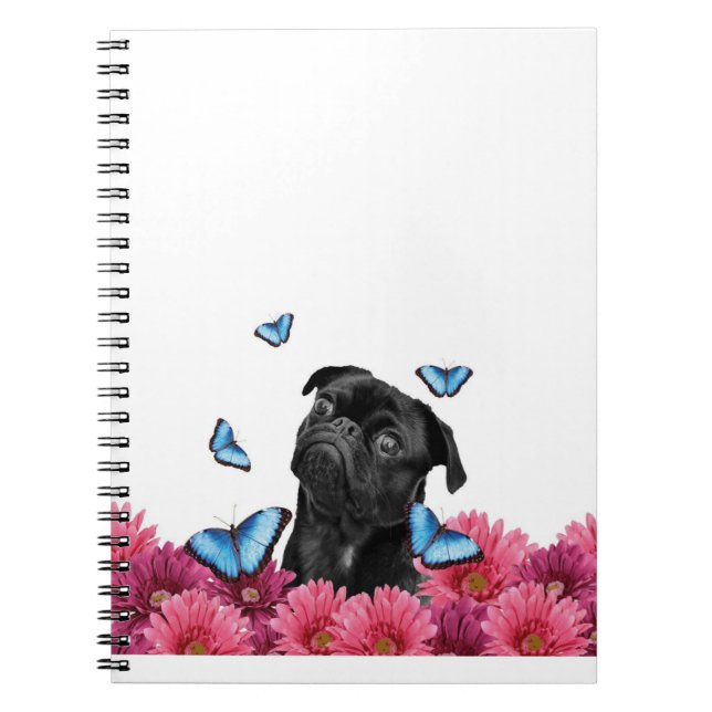Pug Gerbera Butterflies | Cute Black Dog Notebook (Front)
