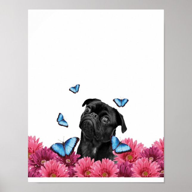 Pug Gerbera Butterflies | Cute Black Dog Poster (Front)