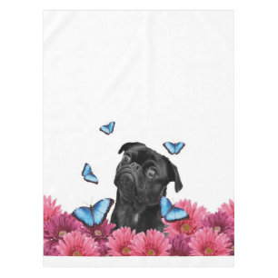 Pug Gerbera Butterflies Cute Black Dog Tablecloth