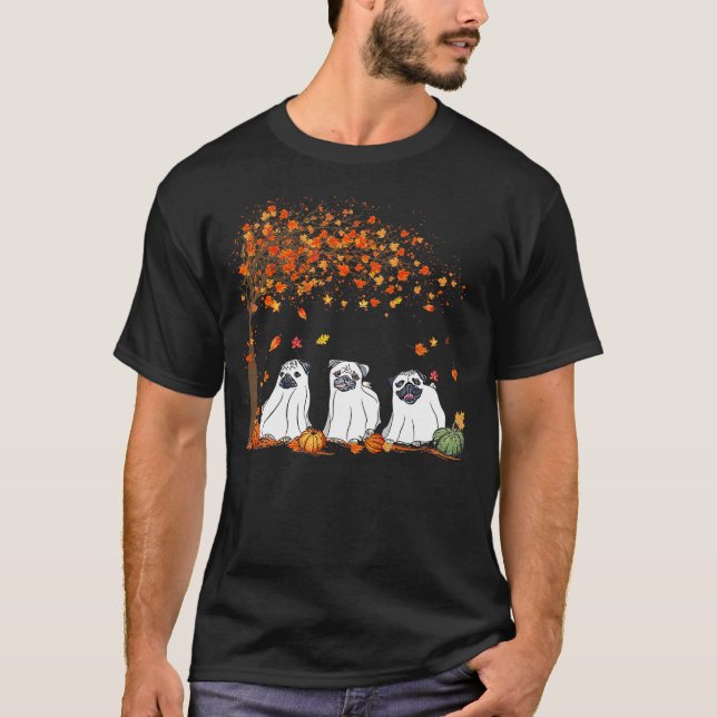 Pug Ghost Cute Under Fall Tree Halloween Autumn Do T-Shirt (Front)