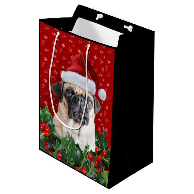 Pug Gift Wrapping Bag Black (Front Angled)