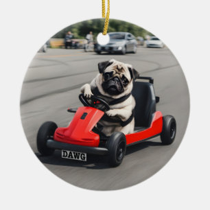 Pug go-kart racing ceramic tree decoration