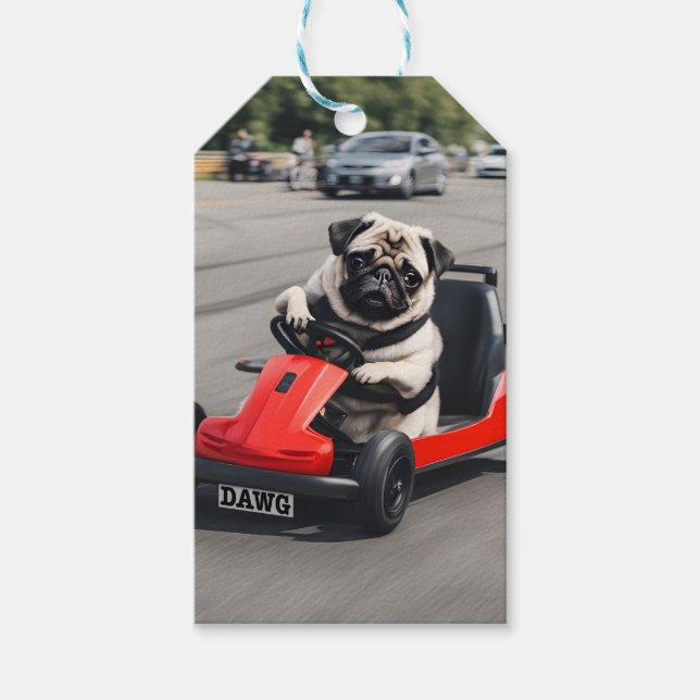Pug go-kart racing gift tags (Front)