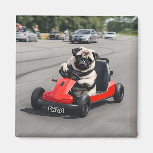 Pug go-kart racing magnet (Front)