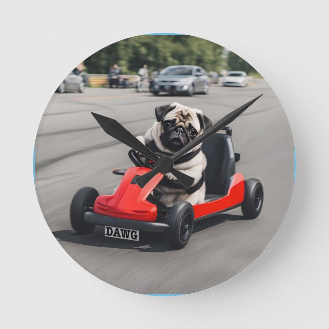 Pug go-kart racing round clock (Front)