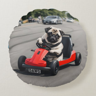 Pug go-kart racing round cushion