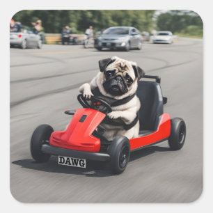Pug go-kart racing square sticker