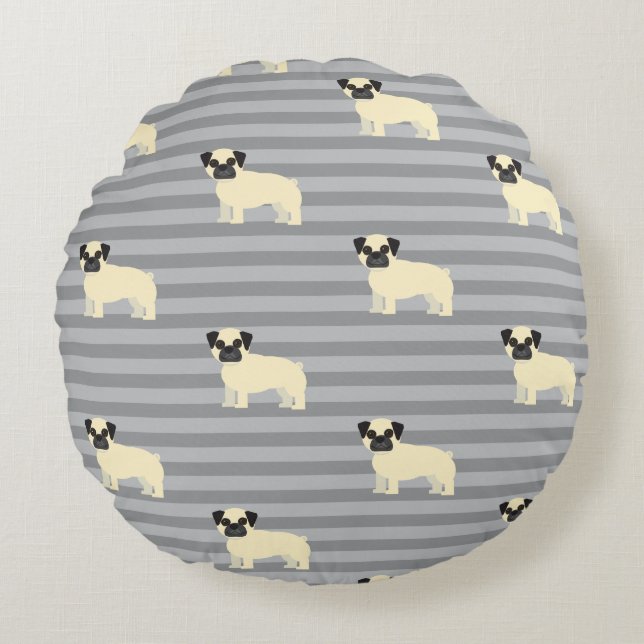 Pug Gray Lined Round Cushion (Front)
