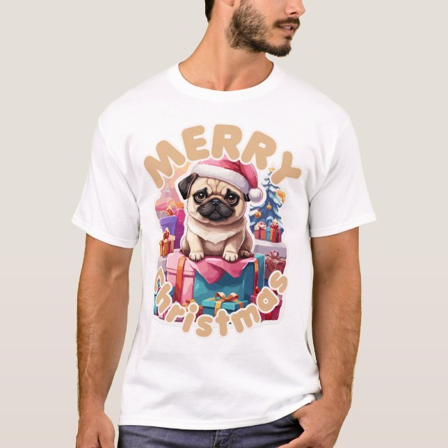 Pug Greeting Merry Christmas for Him T-Shirt (Front)