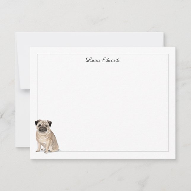 Pug Grey Border Personalised Stationery Card (Front)