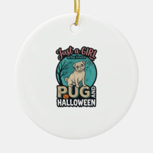 Pug Halloween Girl Vintage Vector Design_1 Ceramic Tree Decoration