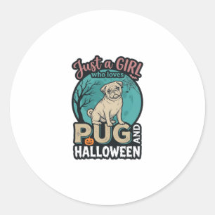 Pug Halloween Girl Vintage Vector Design_1 Classic Round Sticker