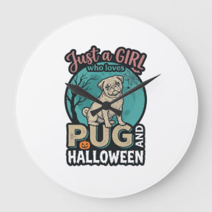 Pug Halloween Girl Vintage Vector Design_1 Large Clock