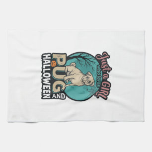 Pug Halloween Girl Vintage Vector Design_1 Tea Towel