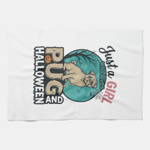 Pug Halloween Girl Vintage Vector Design (2)_1 Tea Towel