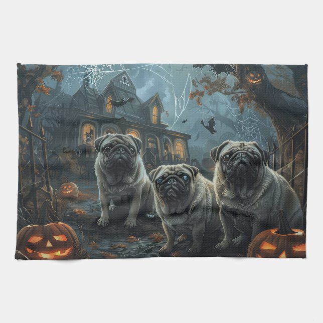 Pug Halloween Night Doggy Delight Tea Towel (Horizontal)