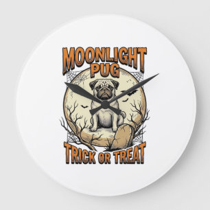 Pug Halloween Shirt with Vintage Engraving Moon_1 Large Clock