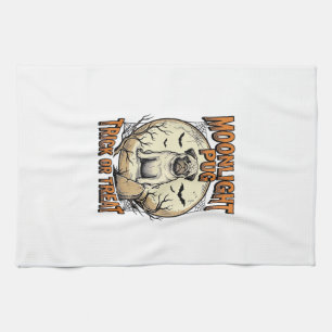 Pug Halloween Shirt with Vintage Engraving Moon_1 Tea Towel