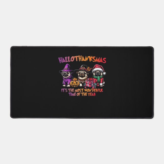 Pug Halloween Thanksgiving Christmas Classic T-Shi Desk Mat (Front)