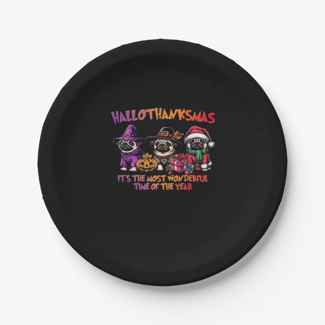 Pug Halloween Thanksgiving Christmas Classic T-Shi Paper Plate (Front)