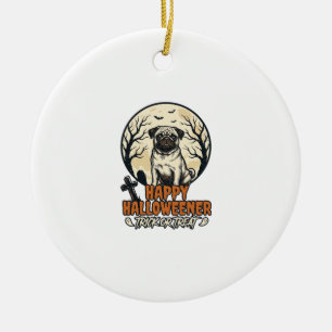 Pug Halloween Trick or Treat Vintage Engraving Des Ceramic Tree Decoration