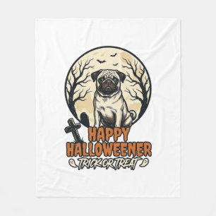 Pug Halloween Trick or Treat Vintage Engraving Des Fleece Blanket