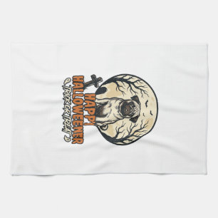 Pug Halloween Trick or Treat Vintage Engraving Des Tea Towel